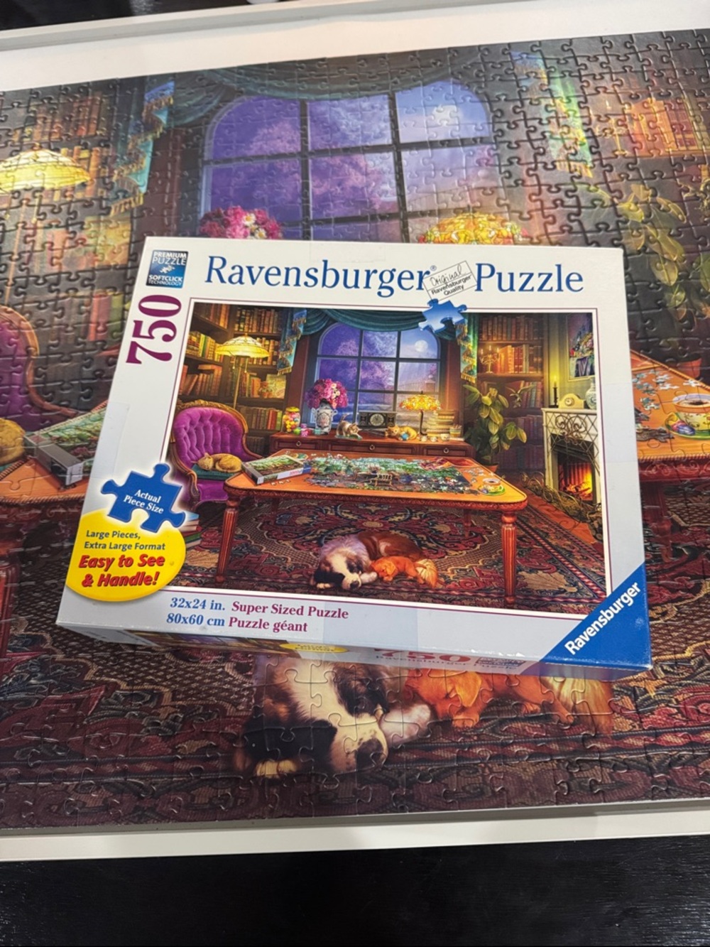 Ravensburger Puzzle with Purple, Blue, Gold and Green Cozy Room Illustration